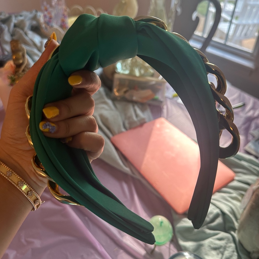 Green Knotted Headband with Gold Chain Accent